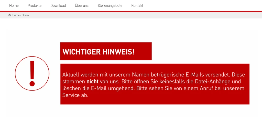Screenshot einer Website von einem von Malware und Phishing betroffenen Unternehmen