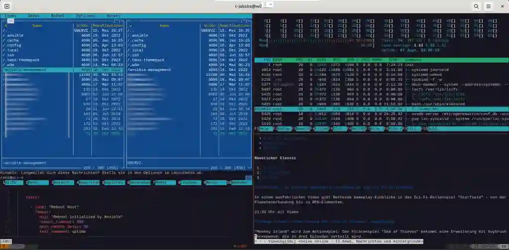 Screenshot Bash Terminal Multiplexer mit Powerline, Midnight Commander, bat, htop und w3m