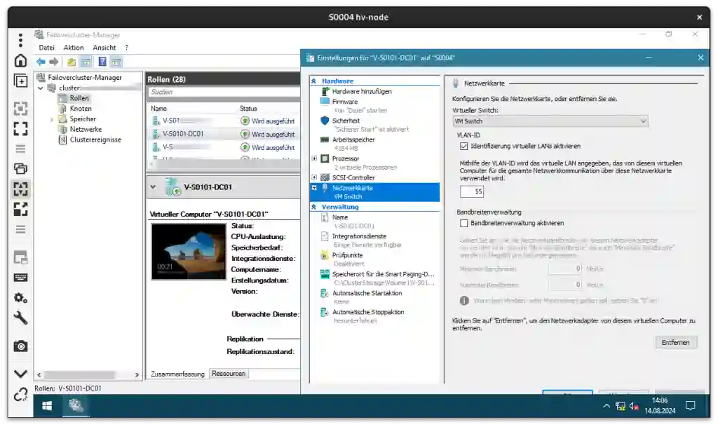 Screenshot HyperV Cluster mit einem DC und vLAN Settings