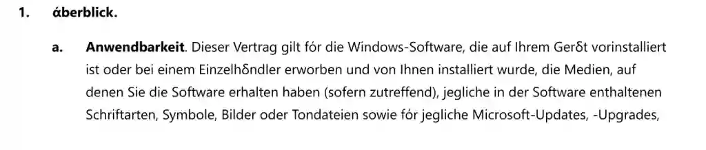 Screenshot der Microsoft Lizenzbedingungen mit Unicode-Fehlern