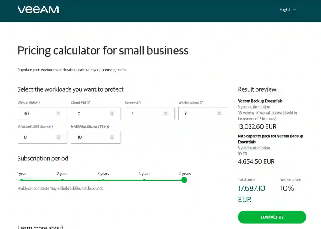 Screenshot Veeam Kosten-Kalkulation